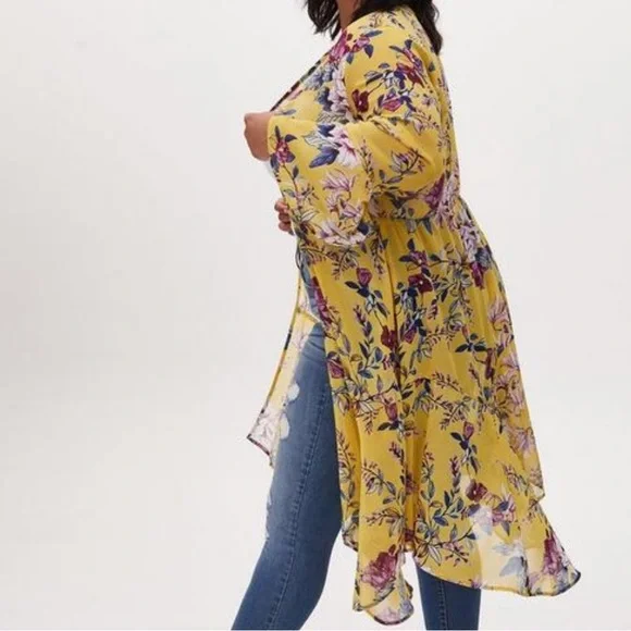 Torrid Yellow Floral Prints Chiffon Maxi Duster Kimono - Picture 3 of 10